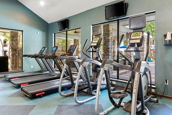 A gym with treadmills and exercise bikes.